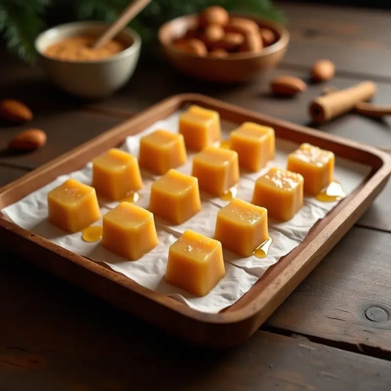 Bandeja de madera rústica con 12 piezas de mazapán casero de almendra y miel, doradas y esponjosas, sobre obligas de papel de horno. Al fondo, canela en polvo y almendras enteras como decoración navideña.