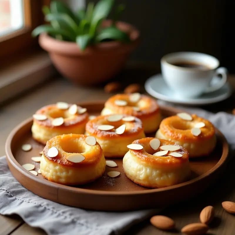 Medialunas de vigilia doradas con relleno de membrillo sin azúcar sobre una bandeja de madera rústica, espolvoreadas con almendras fileteadas y acompañadas de una taza de café colombiano.