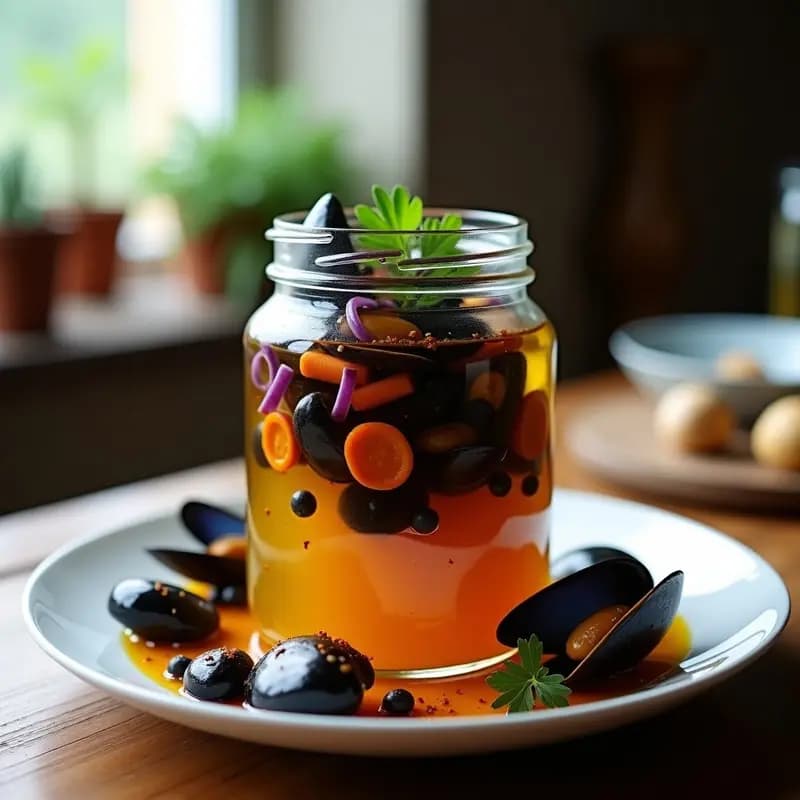 Frasco de vidrio transparente con mejillones en escabeche, bañados en líquido dorado con especias, cebolla morada y zanahoria. Plato típico de la costa vasca con pimentón y laurel.