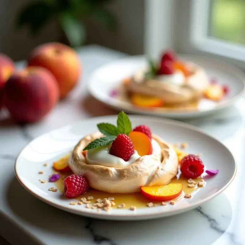 Postre Melba de Melocotón y Frambuesas sobre merengue de aquafaba crujiente, con crema de yogur griego y miel de manuka, decorado con almendras tostadas y frambuesas frescas.