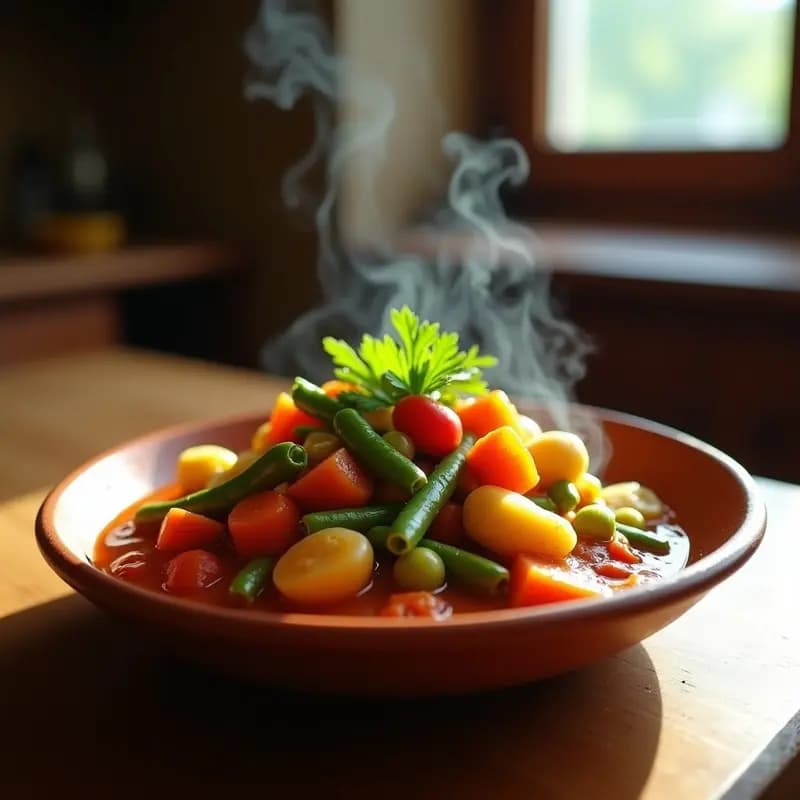 Olla de barro con menestra de verduras con alcachofas y guisantes, guiso vasco colorido y humeante, servido en plato hondo rústico.