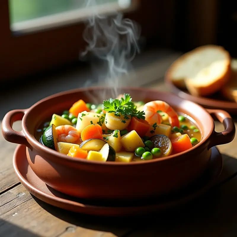 Cazuela de barro humeante con menestra de verduras en juliana, almejas abiertas y gambas rosadas, decorada con perejil fresco y un toque de guindilla, receta vasca de mar y montaña.
