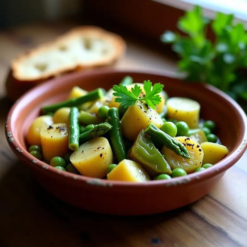 Cazuela de barro con menestra de verduras al estilo navarro, llena de alcachofas, espárragos verdes, habas y guisantes, salteadas con cebolla y pimiento, en un fondo rústico de cocina tradicional española.