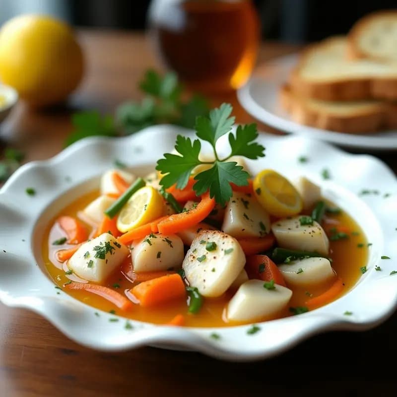 Fuente de barro blanca con mercadito de pescado en escabeche: trozos de merluza y bacalao marinados en líquido dorado con rodajas de limón, ajo, zanahoria en juliana y perejil fresco. Tapa fría andaluza servida con pan tostado al lado.