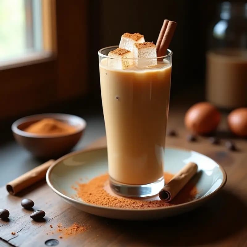 Vaso alto transparente con merengada de café y canela, espumosa y ligera, decorada con un espolvoreado de canela en polvo y un palito de canela. Fondo rústico con detalles de café molido y granos de canela.