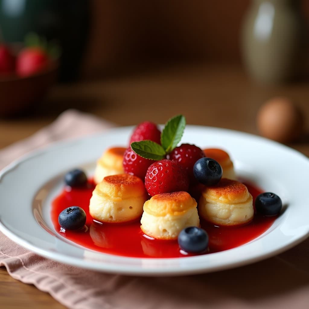 Merengues keto de clara de huevo dorados y esponjosos, servidos en una bandeja blanca con salsa vibrante de frutos rojos y trozos frescos de frambuesas y arándanos, receta sin azúcar.