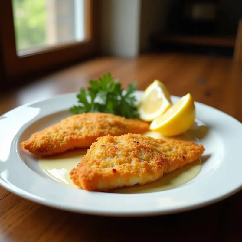 Plato blanco con filetes de merluza rebozada dorada y crujiente, acompañados de gajos de limón y perejil fresco, sobre fondo de madera rústica.