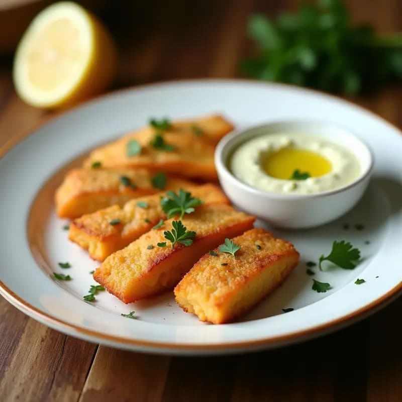 Plato de merluza a la romana con alioli: filetes de pescado dorados y crujientes rebozados, acompañados de una salsa alioli cremosa en un cuenco pequeño, decorados con perejil fresco y rodajas de limón.