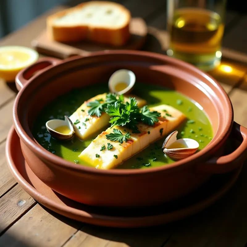 Cazuela de barro con merluza en salsa verde con almejas abiertas, perejil fresco espolvoreado y un chorrito de aceite de oliva, receta vasca tradicional de pesca.