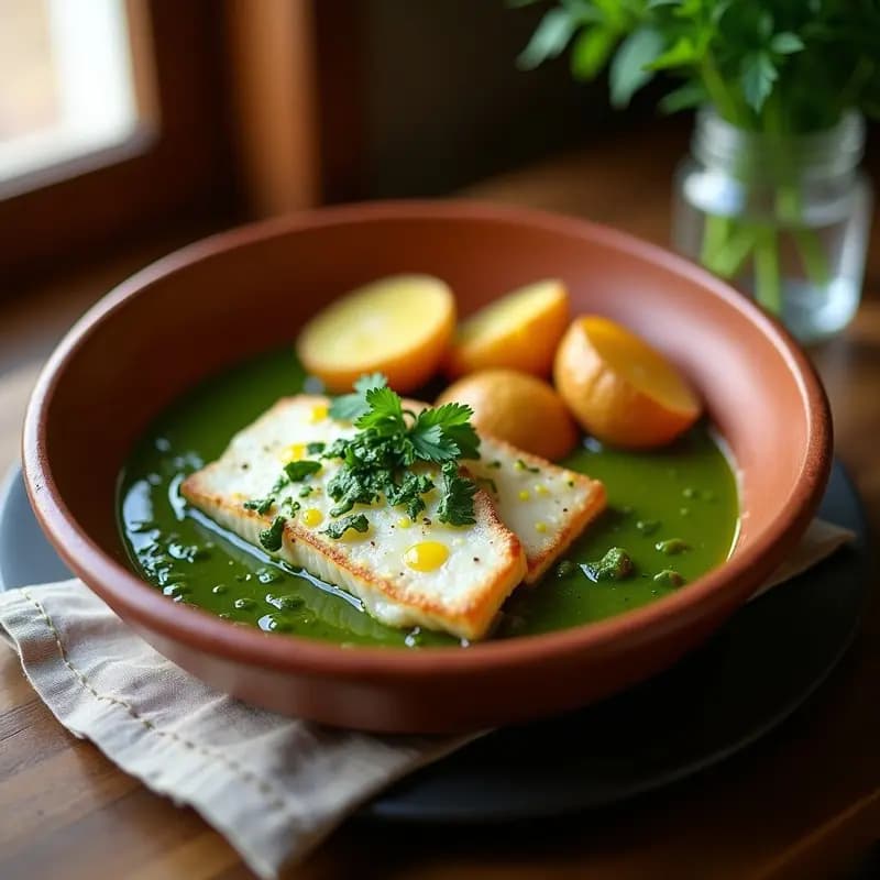 Plato hondo de barro con merluza en salsa verde espesa y brillante, acompañada de patatas panaderas doradas y trozos de perejil fresco. Receta gallega tradicional en una sola sartén.