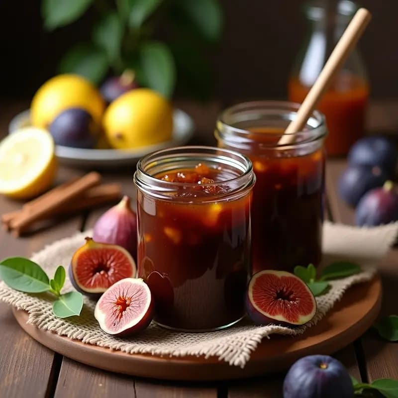 Tarros de vidrio transparentes llenos de mermelada de higos con canela y limón, de color marrón oscuro y textura brillante, con trozos de higo visibles. En primer plano, un tarro abierto con una cuchara de madera sumergida, y al fondo, una rama de canela y rodajas de limón como decoración. Receta tradicional de conserva casera.