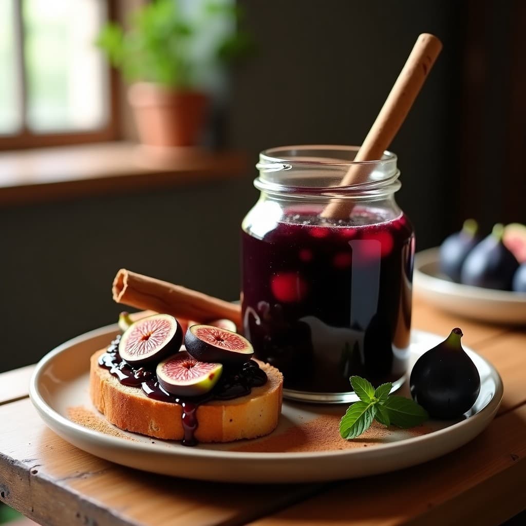 Frasco de vidrio transparente lleno de mermelada de higos negros con canela sin azúcar, textura brillante y espesa, con trocitos de higo visibles. Fondos tostadas de avena y una rama de canela como decoración. Plato rústico de madera al fondo.