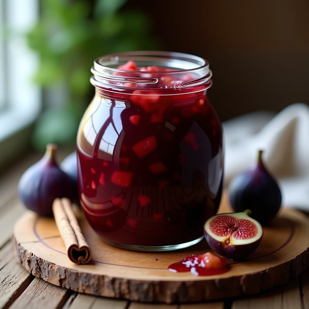 Frasco de vidrio transparente lleno de mermelada de higos y vino tinto con canela, de color morado oscuro y textura brillante, con trozos de higos visibles y una rama de canela decorando el borde.