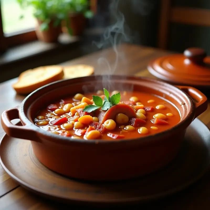 Olla de barro humeante con michirones murcianos, guiso espeso de habas secas, jamón serrano en taquitos y verduras, decorado con perejil fresco sobre fondo rústico de madera.