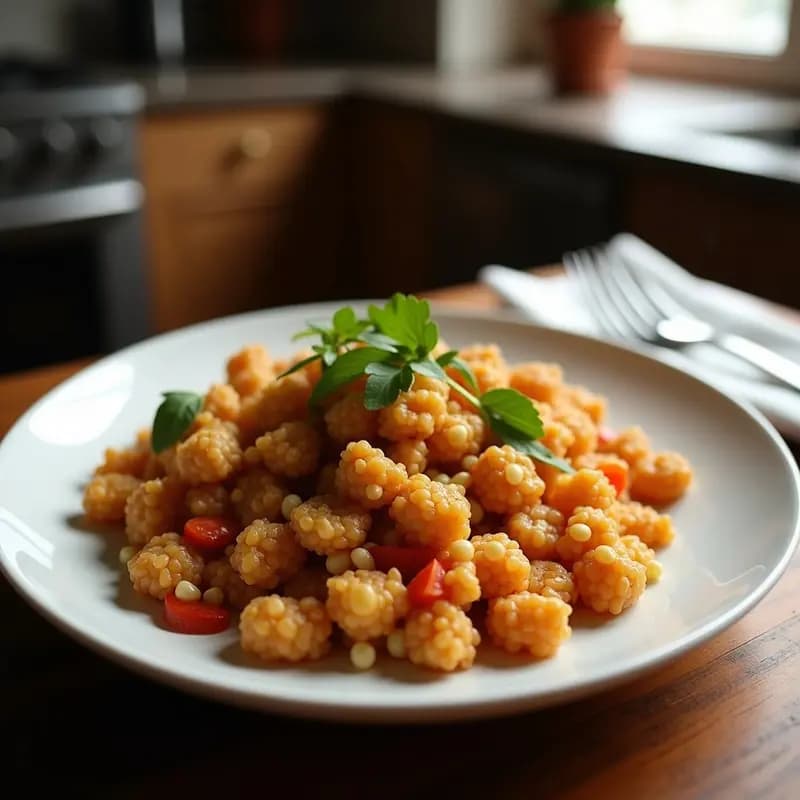 Sartén de hierro con migas aragonesas doradas, trozos de chorizo, panceta crujiente, uvas blancas y huevos fritos con yema líquida, receta tradicional española fácil.
