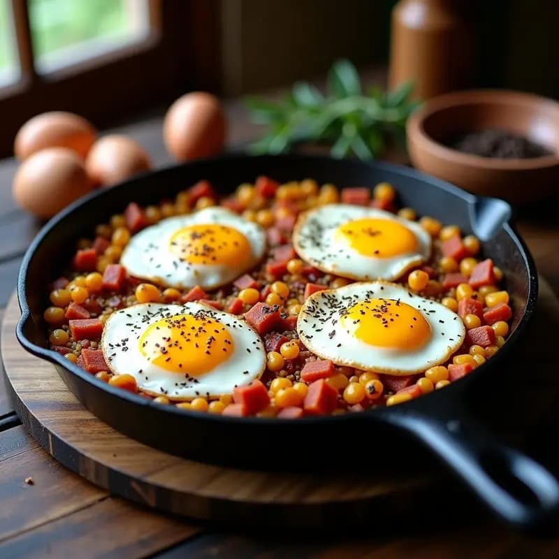 Sartén de hierro con migas aragonesas doradas, chorizo, panceta, huevos fritos y ralladura de trufa negra, servidas sobre tabla de madera rústica.