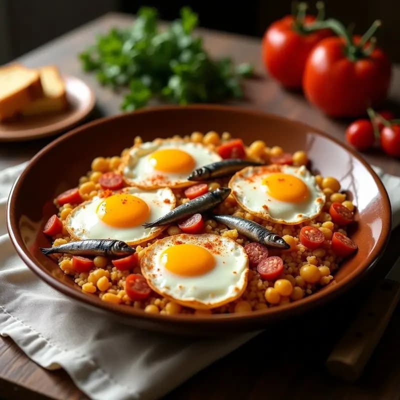 Plato hondo de barro con migas doradas y crujientes, trozos de chorizo fresco, sardinas desmenuzadas y huevos fritos con yema líquida. Receta tradicional de desayuno de pastores con pan del día anterior.