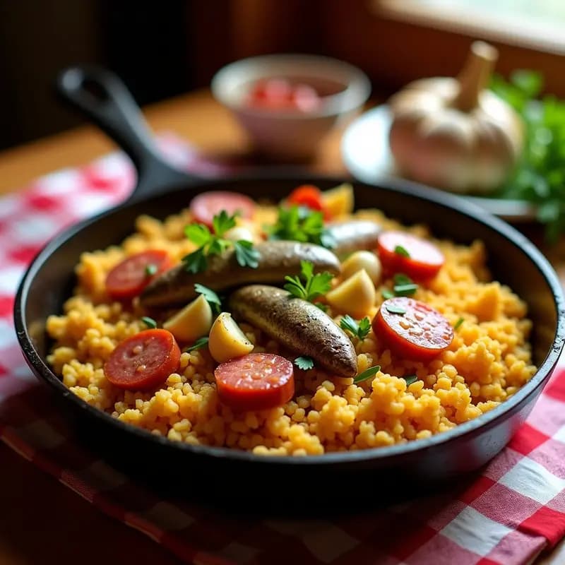 Sartén de hierro con migas doradas y crujientes mezcladas con rodajas de chorizo y trozos de sardinillas, decoradas con perejil fresco y ajos dorados. Plato rústico andaluz de aprovecho.