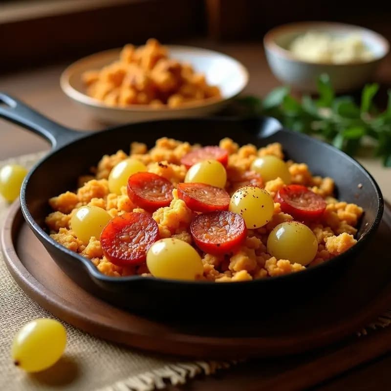 Sartén de hierro con migas doradas y crujientes, trozos de chorizo fresco frito y uvas blancas cortadas por la mitad, típico plato extremeño de aprovecho de pan duro.