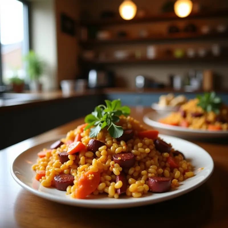 Plato rústico de migas extremaduras doradas con trozos de chorizo ibérico y uvas pasas, huevo cuajado encima y perejil fresco espolvoreado.