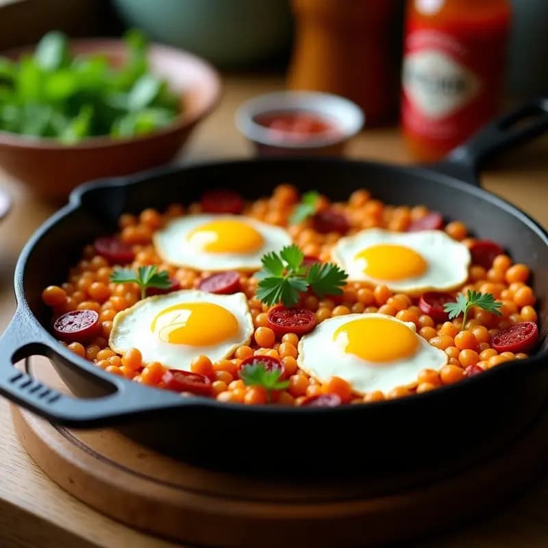 Sartén de hierro con migas extremaduras doradas y crujientes, chorizo en rodajas, huevos fritos con yema líquida y un toque de pimentón espolvoreado, servidas sobre un mantel rústico de lino.