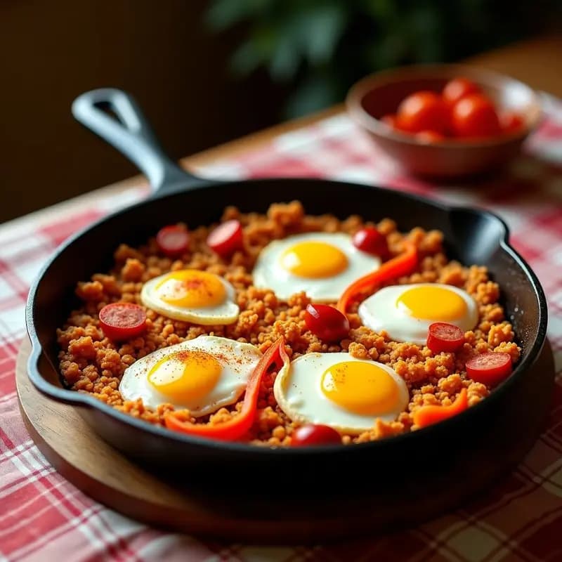 Sartén de hierro con migas extremaduras doradas, chorizo en rodajas, tiras de pimiento rojo y huevos fritos con yema líquida. Plato tradicional español de aprovecho con pan duro.