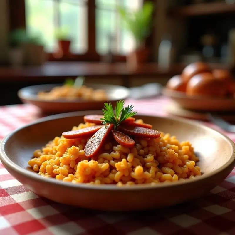 Plato rústico de madera con migas extremeñas doradas, trozos de chorizo frito y sardinas en aceite desmenuzadas, servido en ambiente de campo.