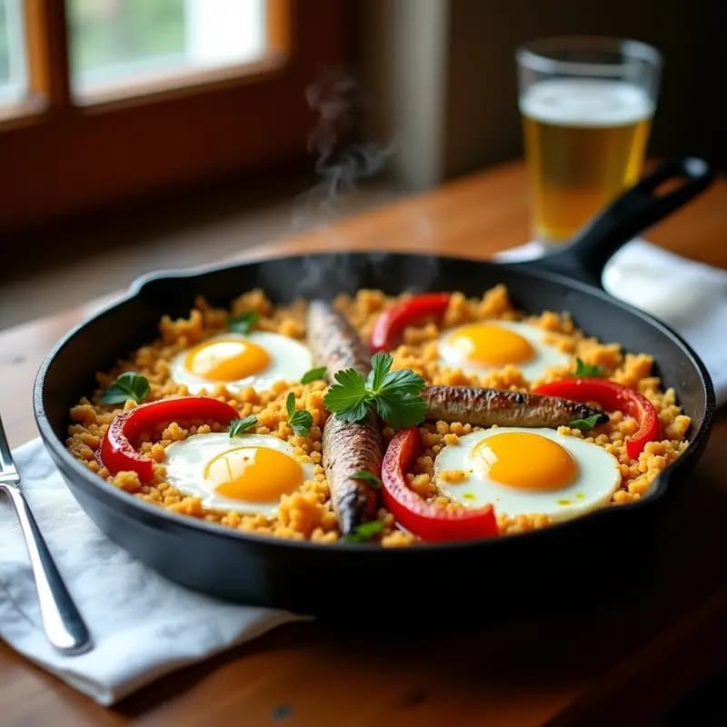 Plato tradicional de migas extremeñas doradas con trozos de sardinas en aceite y pimientos asados rojos, servido en cazuela de barro sobre fondo rústico.