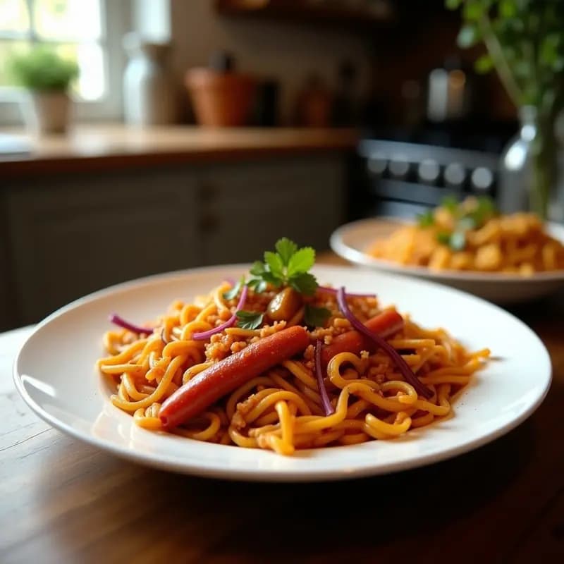 Sartén de hierro con migas extremeñas doradas, trozos de chorizo y panceta, servidas con un huevo frito encima, receta tradicional española.