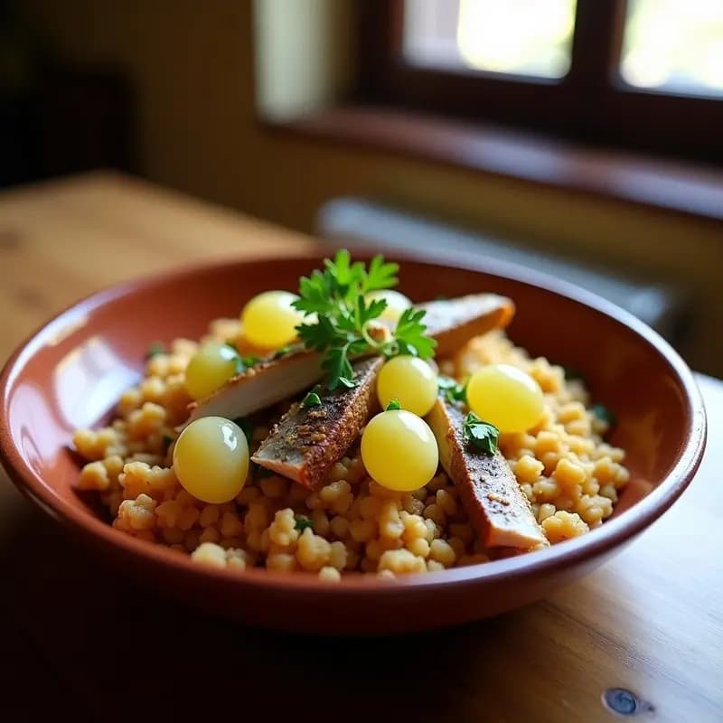 Plato rústico de migas de pan doradas con uvas blancas jugosas y trozos de sardinas en aceite, decorado con perejil fresco. Receta tradicional murciana de aprovechamiento.