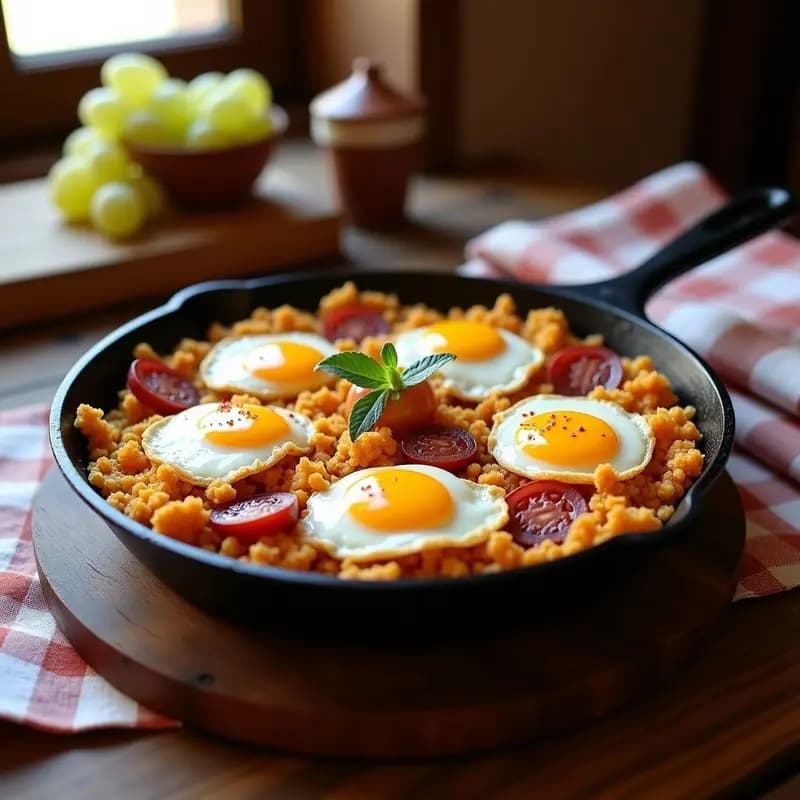 Sartén de hierro con migas doradas y crujientes, chorizo en rodajas, uvas blancas partidas y huevos fritos encima, típico plato castellano de aprovecho.