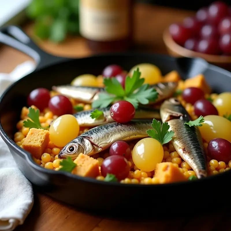Sartén de hierro con migas doradas y crujientes mezcladas con trozos de sardinas en aceite y uvas blancas partidas, decoradas con perejil fresco. Receta tradicional de migas con uvas y sardinas de La Mancha.