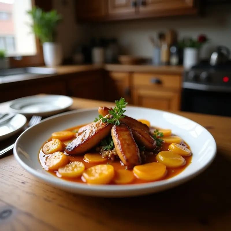 Sartén de hierro con miguitas de cordero doradas y patatas panaderas en rodajas, espolvoreadas con perejil fresco. Plato tradicional de Semana Santa con textura crujiente y jugosa.