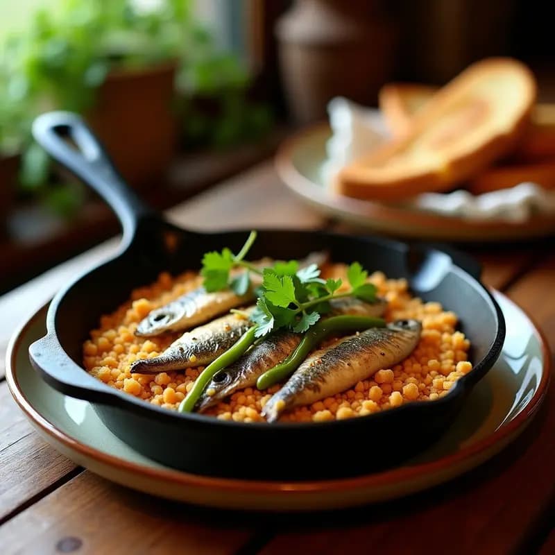 Sartén de hierro con miguitas de pan doradas, sardinas desmenuzadas y pimientos verdes salteados, decorado con perejil fresco. Plato tradicional andaluz de aprovecho en un ambiente rústico.