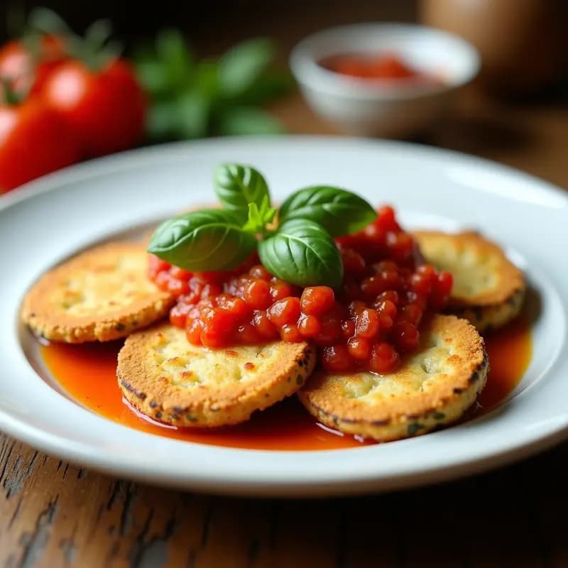 Milanesas de berenjena doradas y crujientes sobre un plato blanco, cubiertas con queso de cacahuete cremoso y bañadas en salsa de tomate casera roja brillante. Acompañadas de hojas de albahaca fresca y un fondo rústico de madera.