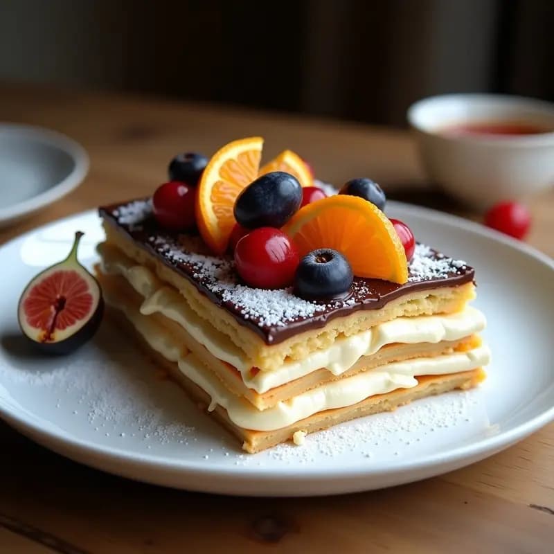 Milhojas de Chocolate con Crema Pastelera y Frutas Escarchadas: Postre Francés de Alta Repostería