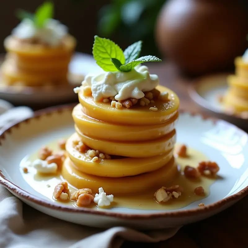 Postre colombiano sin horno de milhojas de plátano macho con capas de crema de arequipe y queso fresco desmenuzado, decorado con nueces picadas y hojas de menta fresca sobre un plato blanco rústico.