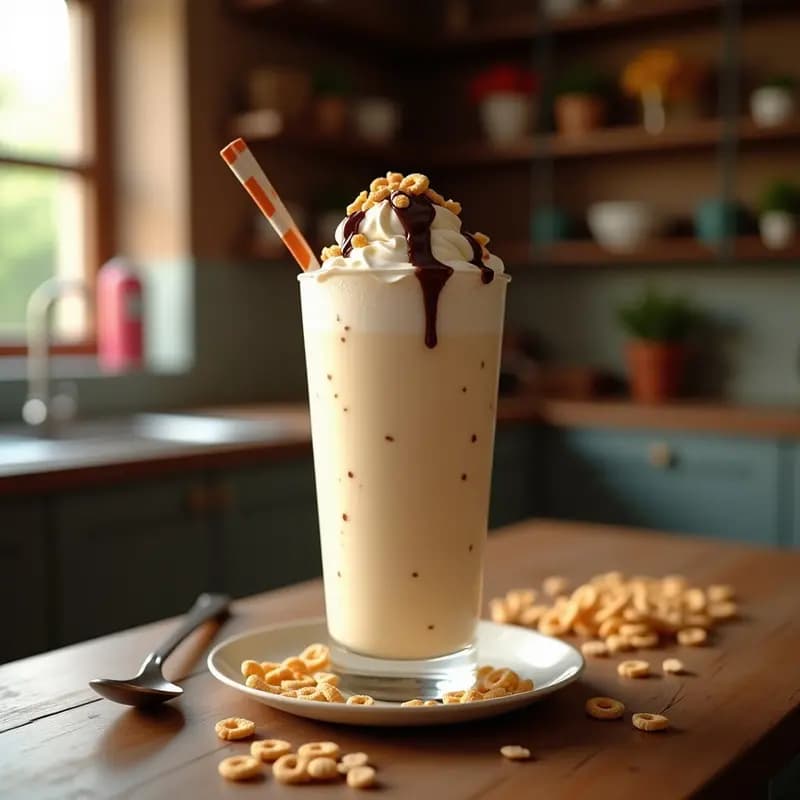 Vaso alto de cristal con milkshake espumoso de color beige, coronado con nata montada, sirope de chocolate y virutas de cereal. Fondo borroso con cereales esparcidos y cuchara de metal.
