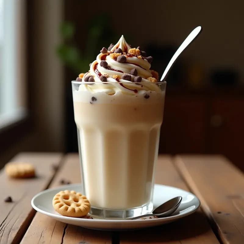 Milkshake de cookie dough en vaso alto de cristal con nata montada espesa, trozos de galleta Digestive, chips de chocolate y sirope de chocolate en espiral, servido con cuchara larga y pajita ancha sobre una mesa rústica.