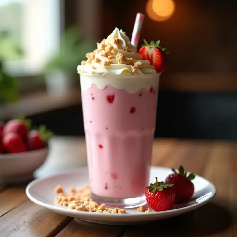 Vaso alto de cristal con milkshake de fresa espeso, coronado con nata montada, trozos de donuts glaseados, virutas de chocolate blanco y fresas frescas. fondo borroso con luz natural.