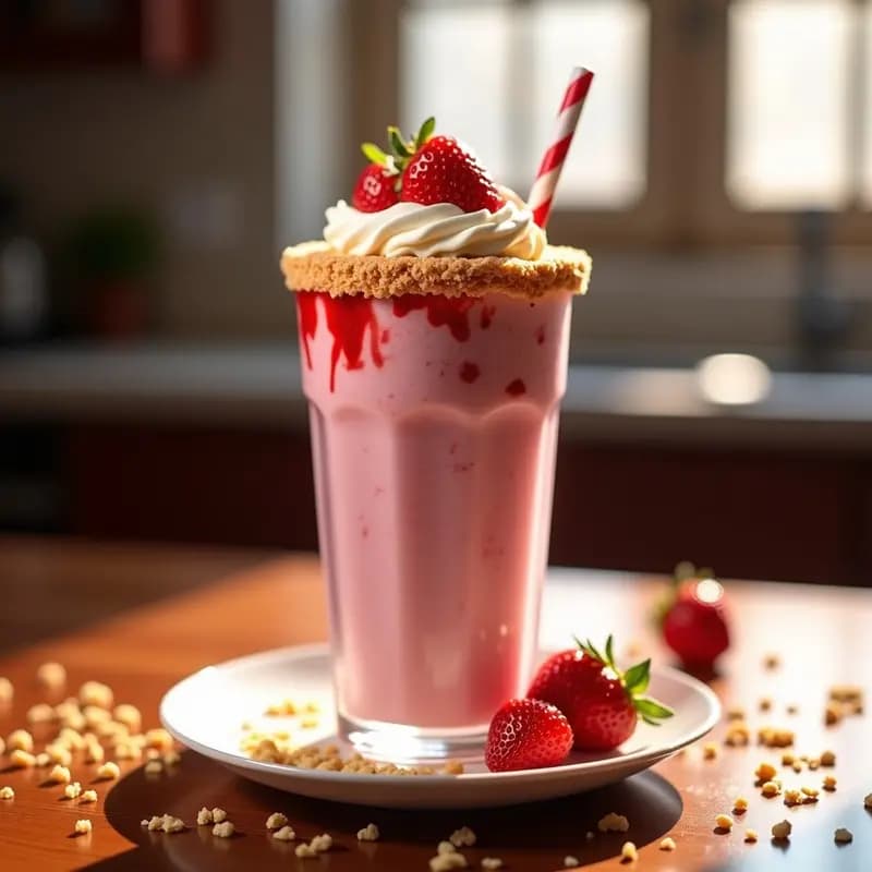 Vaso alto de cristal con milkshake de fresas rosado, trozos de cheesecake visibles en el interior, topping generoso de nata montada blanca, fresas frescas enteras y sirope rojo goteando por los bordes. Fondo desenfocado con galletas trituradas y una pajita ancha.