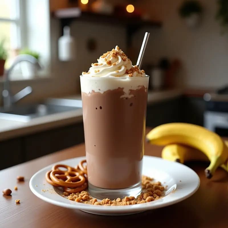 Vaso alto de cristal con milkshake espeso de Nutella y plátano, coronado con nata montada, azúcar glass y pretzels triturados, con pajita de metal y fondo borroso de cocina.