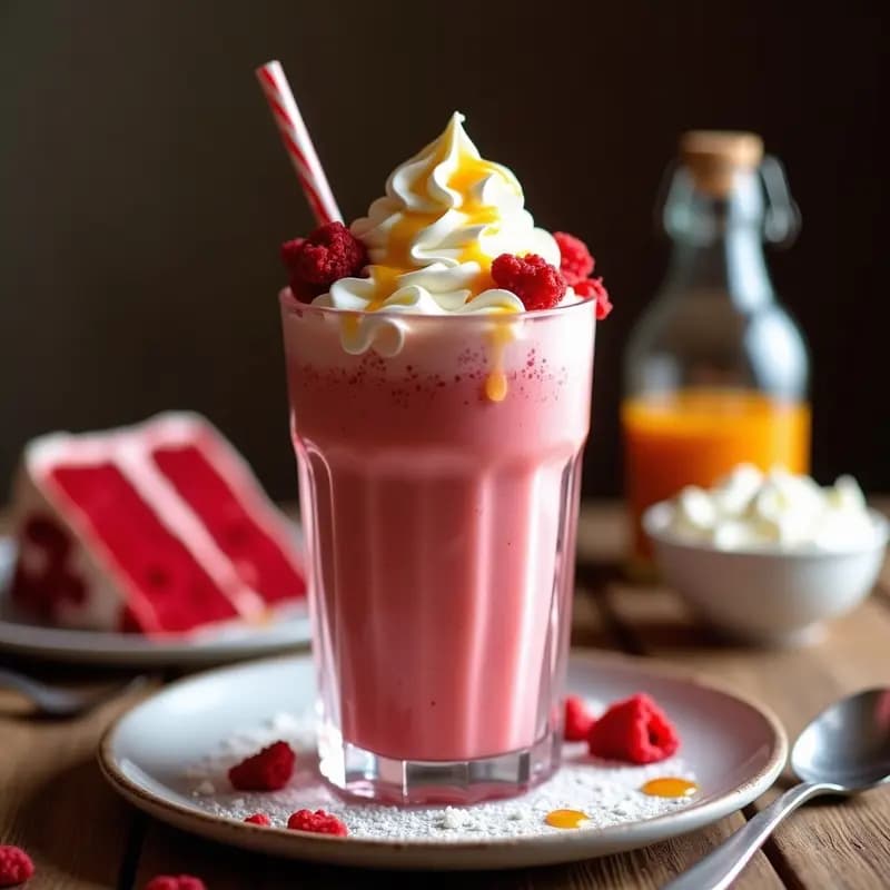 Vaso alto de cristal lleno de milkshake rojo intenso de Red Velvet, con trozos de bizcocho esponjoso, nata montada, sirope de vainilla y decoración de migas rojas. Fondo borroso con ingredientes dispersos.