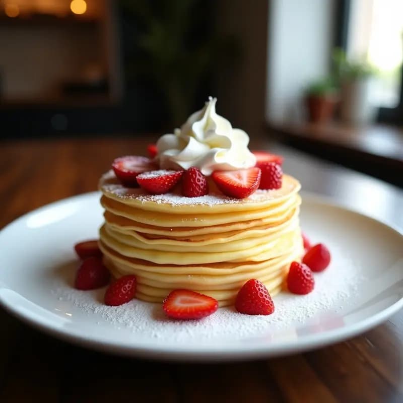 Torre alta de mille crepe de vainilla y fresas sin gluten, con capas visibles de crepes dorados, crema blanca y láminas de fresas rojas frescas. Postre francés elegante servido en plato blanco con decoración de semillas de chía y hojas de menta.
