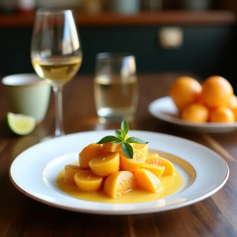 Copa de champán transparente con mimosa de cava y zumo de naranja sanguina, burbujas visibles, cáscara de naranja rallada y flor de azahar como decoración, fondo borroso con luz natural.