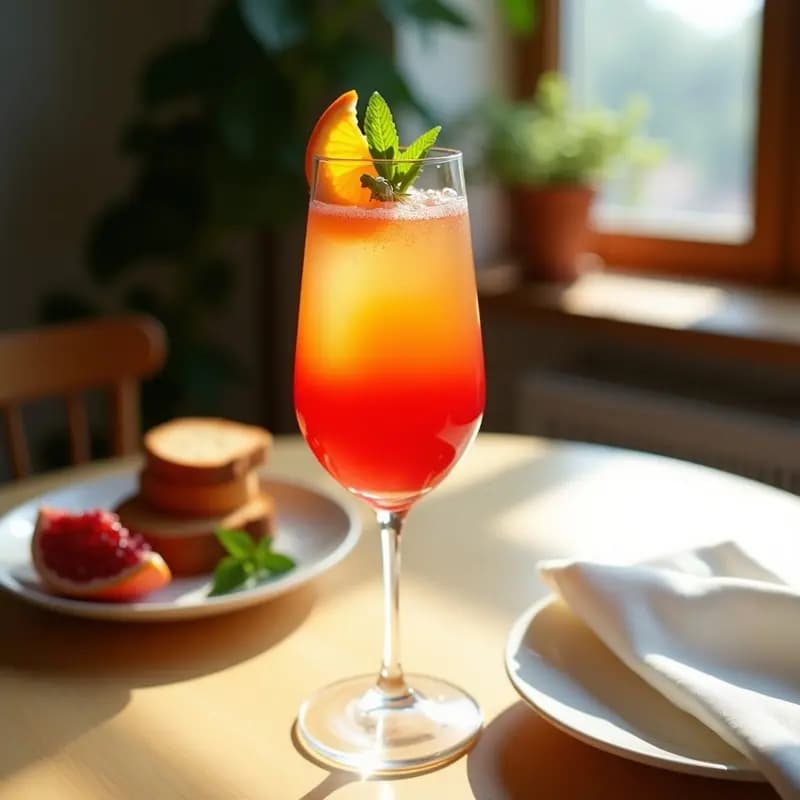 Copa de champán alta con mimosa equipo de naranja y granadina, mostrando capas rojas, naranjas y doradas, decorada con rodaja de naranja y hoja de menta, sobre fondo claro con luz natural.