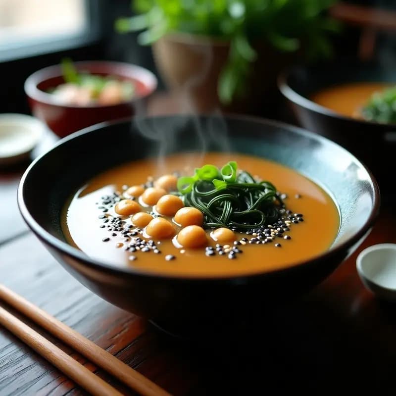 Cuenco de cerámica oscura con sopa de miso de garbanzos y alga wakame, decorada con semillas de sésamo negro y cebollino fresco sobre fondo de madera rústica.