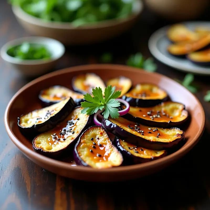 Bandeja de horno con rodajas de berenjena asada doradas, cubiertas por un glaseado brillante de miso y mirin, decoradas con semillas de sésamo negro, cebolla morada en juliana y perejil fresco. Receta de miso glazed aubergine al horno.
