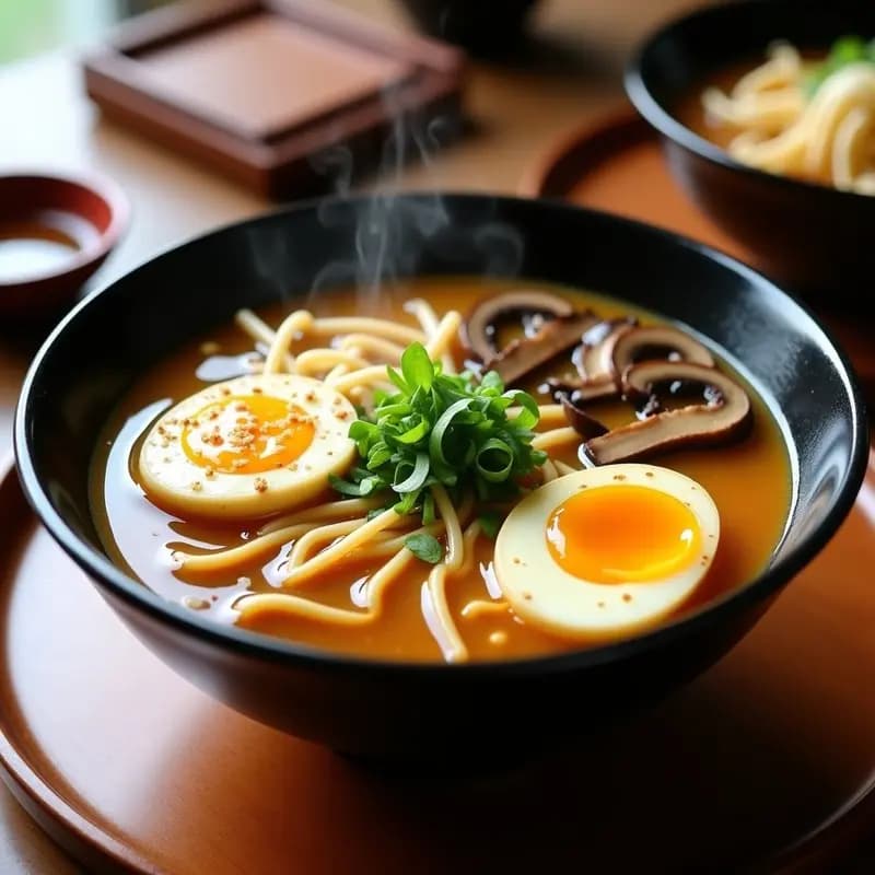 Cuenco hondo de cerámica negra con Miso Ramen Japonés: caldo dorado espeso con fideos ramen, hongos shitake en láminas, huevo marinado en mitades con yema cremosa, brotes de soja, cebollino picado y un hilo de aceite de sésamo brillante. Fondo borroso con utensilios de madera.