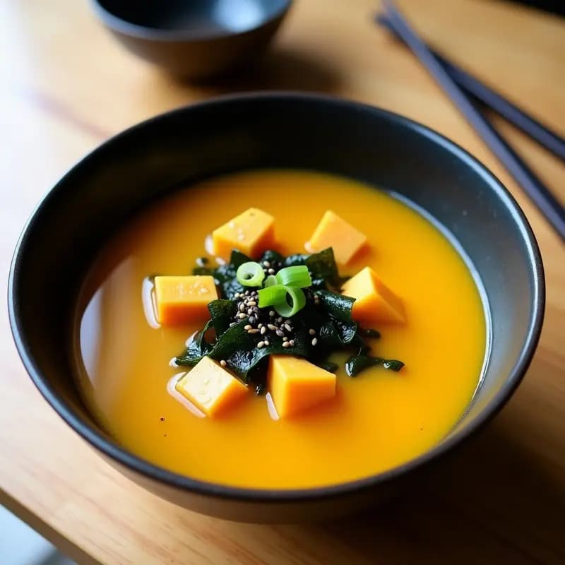 Cuenco de cerámica blanca con Miso Soup depurativa japonesa, cubos dorados de calabaza butternut, algas wakame verdes hidratadas, cebolla morada en juliana y semillas de sésamo negro. Rodaja de limón y cilantro fresco como decoración, sobre fondo de madera oscura.
